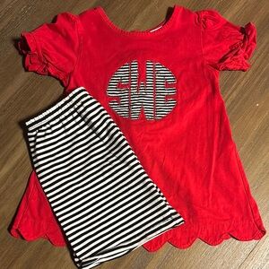 Red Girls Top with Black & White Striped Short Set Monogram SWE
